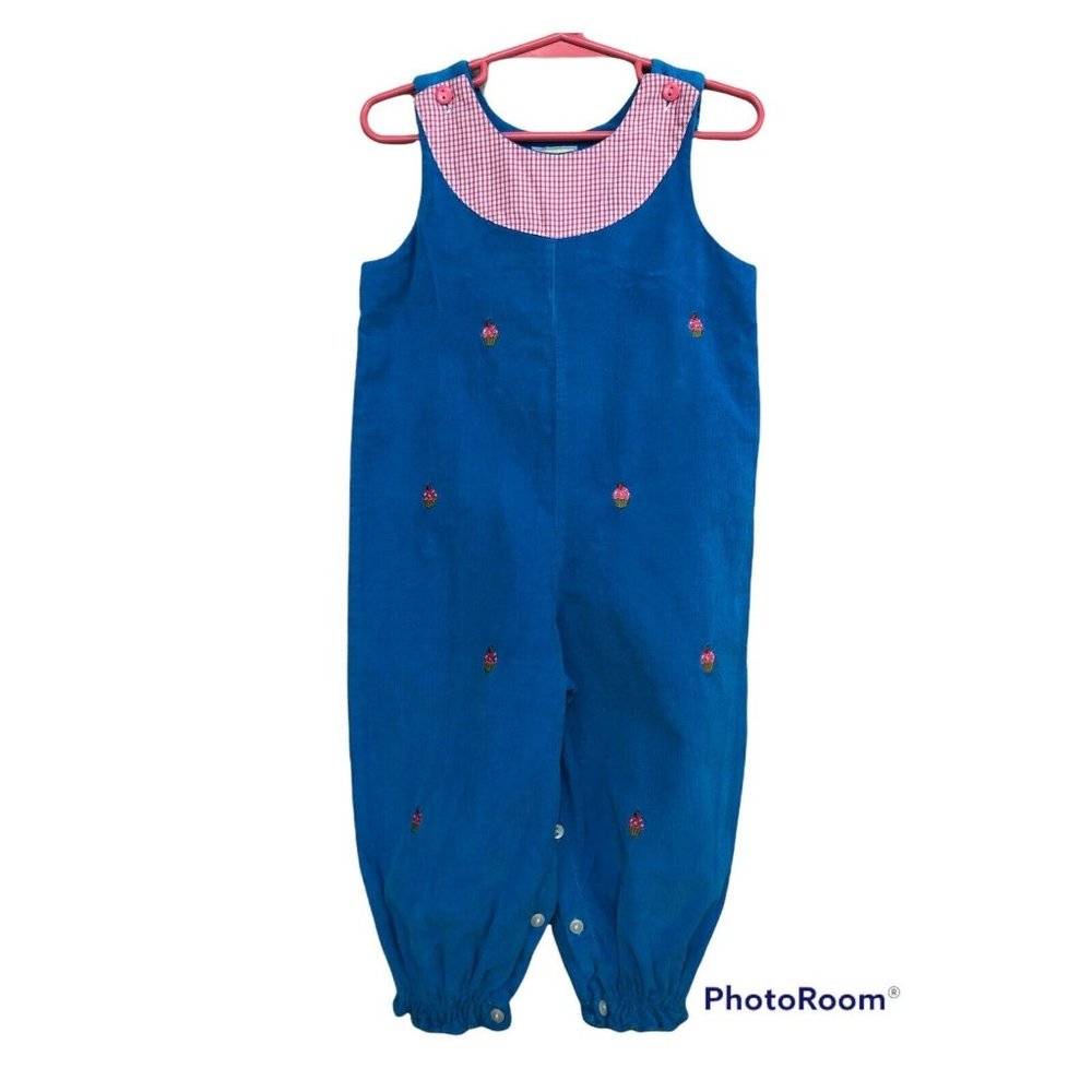 Vintage Corduroy Overalls Girl 2T Turquoise Gingham‎ Pink Embroidered Cupcakes
